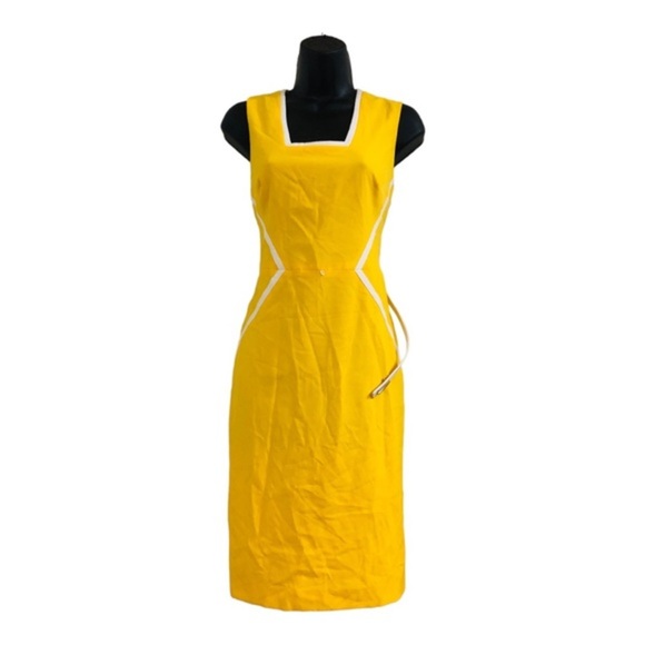 Calvin klein yellow white color block square neck belted sheath dress size 6 new - Picture 2 of 16